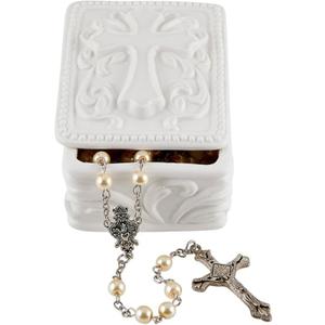 Autom White Porcelain Cross Rosary Jewelry Box (Rectangle)