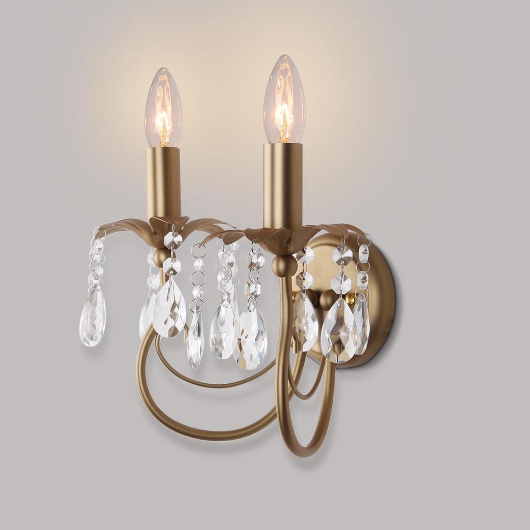 2-Light Vintage Crystal Wall Sconce, Antique Wall Lights with Gold Finish for Bedroom Bedside Living Room, Victorian Candle-Style