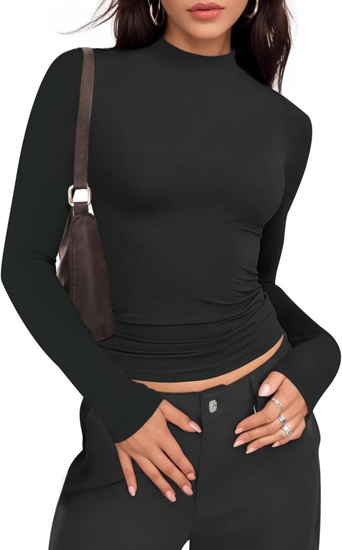 YOGINGO Women's Mock Turtle Neck Long Sleeve T-Shirt (Large, Black)