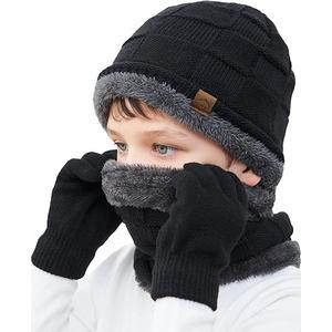 Kids Winter Beanie Hat Scarf Touchscreen  Set for Boys Girls 5-15 Years Warm Skull Cap Fleece Lined Knitted Hat