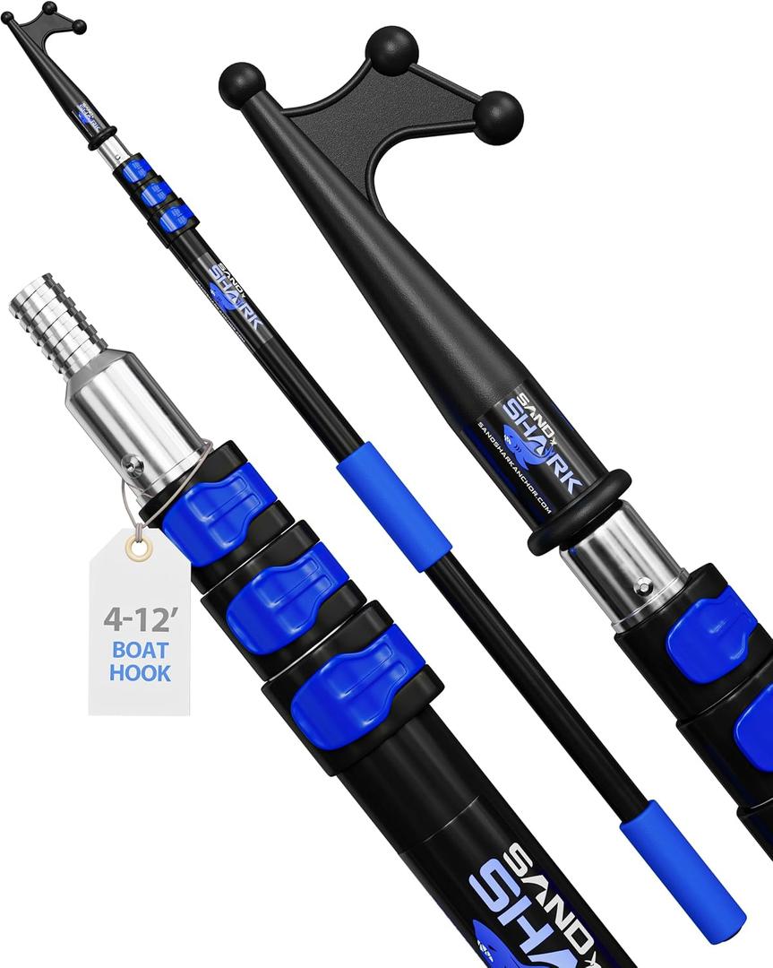 SandShark 4 Stage Heavy Duty Telescoping Boat Hook - Anodized Aluminum Dock Pole, Sturdy Extension Pole with Foam Grips - Boat Accessories, Fishing Accessories, Pontoon Boat Accessories., 4-12 ft