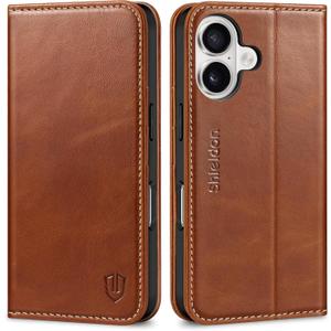 SHIELDON Genuine Leather Case Wallet for iPhone 17 6.3-inch 5G 2025 | Foldable, Magnetic Closure, Kickstand, RFID Blocking Credit Card Holder, Shock-Absorbent Phone Cover - Retro Brown