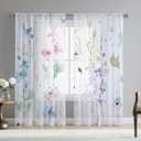 Floral Leaves Curtains for Living Room 63 inch Length 2 Panels Set Elegant Blue Pink Spring Flower Printed Window Curtain Natural Sheer Curtains Chiffon Drapes for Bedroom