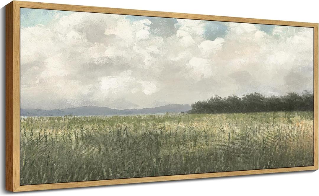 KUVIOKE Vintage Landscape Framed Wall Art 20x40in Large Abstract Meadow Field Wall Prints Classic Retro Farmhouse Rustic Decorations for Living Room Bedroom (Natural Framed) (40L" x 20W")