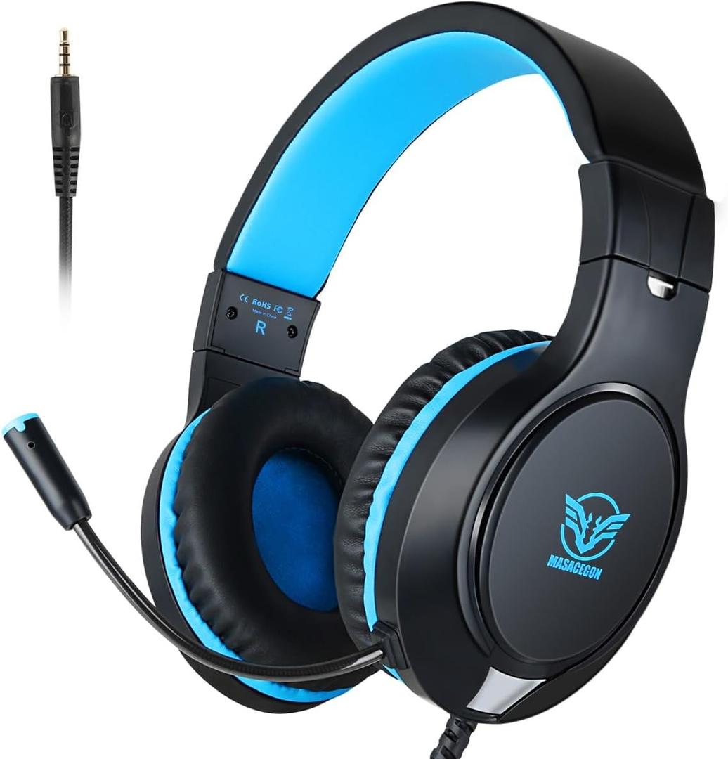 H-10 Gaming Headset for PS4, Xbox One, PC, PS5, Nintendo Switch, Stereo Wired Noise Cancelling Over Ear Headphones with Mic for Kids Adults, Bass Surround, Soft Memory Earmuffs, Blue