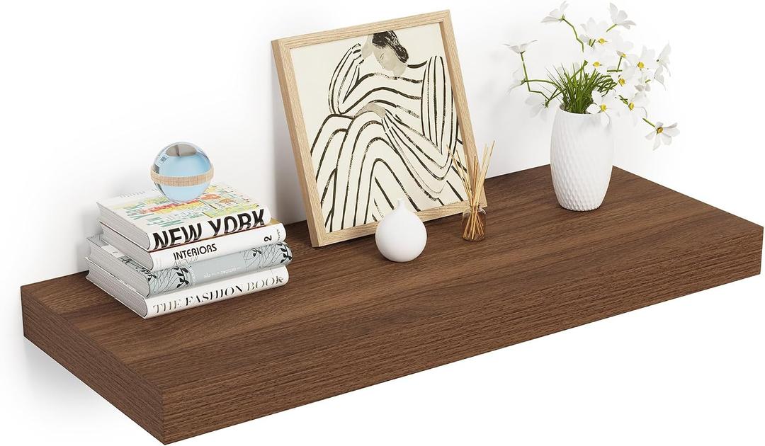 Heimlove 24 x 12 Inch Deep Floating Shelves Wall Mounted with Invisible Brackets,Storage Hanging Shelf for Wall Decor in Bathroom, Bedroom, Toilet, Kitchen, Living Room, Office Set of 1 (Walnut)