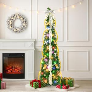 N&T NIETING Pop Up Christmas Tree Decorations Artificial Collapsible Tree with Lights 8Modes&Timer Predecorated Pencil Tinsel Tree for Home Apartment Office Indoor Outdoor Party Xmas Dcor, 5FT, Green