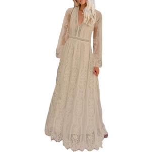 Cercis Womens Off The Shoulder Floral Lace Maxi Wedding Dress Boho Flowy Wedding Guest Formal Long Dresses (Large, Long Sleeve-apricot)