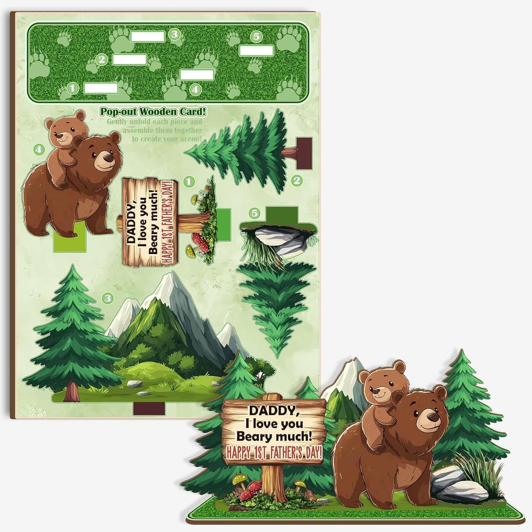 4 x First Fathers Day Giftss for New Dad, First Dad Gift 3D Pop-out Wooden Card with Envelope & Seal, 1st Father's Day Giftss for Son, Gifts for Dads To Be