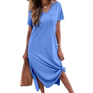 Dyexces Women Summer T Shirt Dress Casual Short Sleeve V Neck Maxi Dresses Loose Side Slit Long Tshirt Dress with Pockets (Medium, Blue)