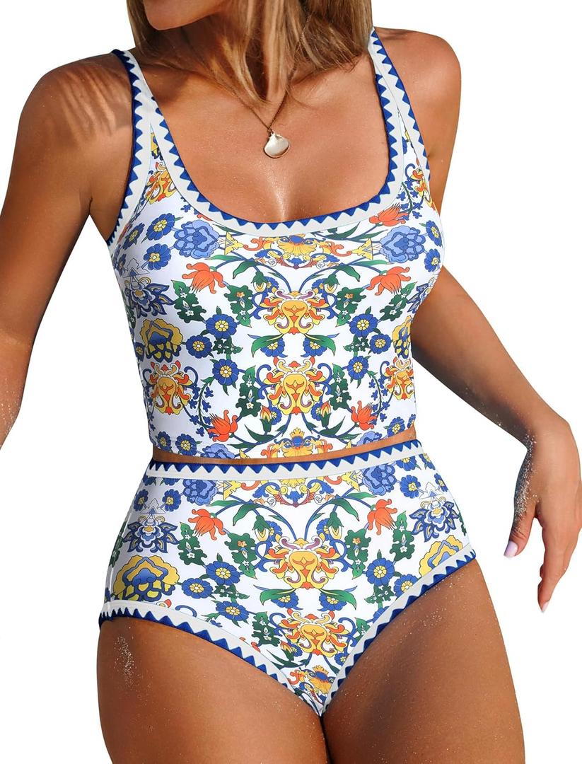 ZAFUL Tankini Swimsuit Tummy Control Bathing Suits Two Piece Swim Top with High Waisted Bottom (Medium, Blue Yellow)