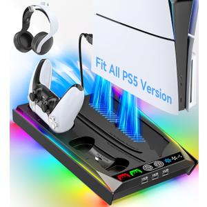 Rysker PS5/Slim/Pro Stand, PS5 Cooling Station Built-in 3-Level Cooling Fan & Fast Charger for Disc & Digital, PS 5 Accessories with Safety Screw and Headset Holder (Deep Black)