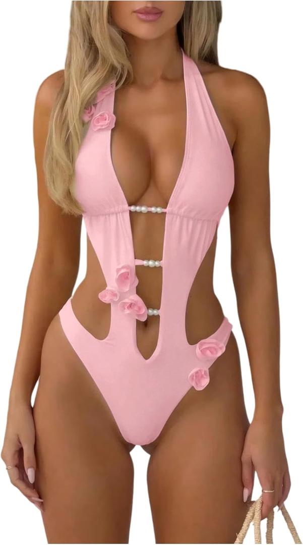 WDIRARA Women's 3D Floral Cut Out One Piece Swimsuit Deep V Neck Tie Halter Backless Swimwear (Pink, M)