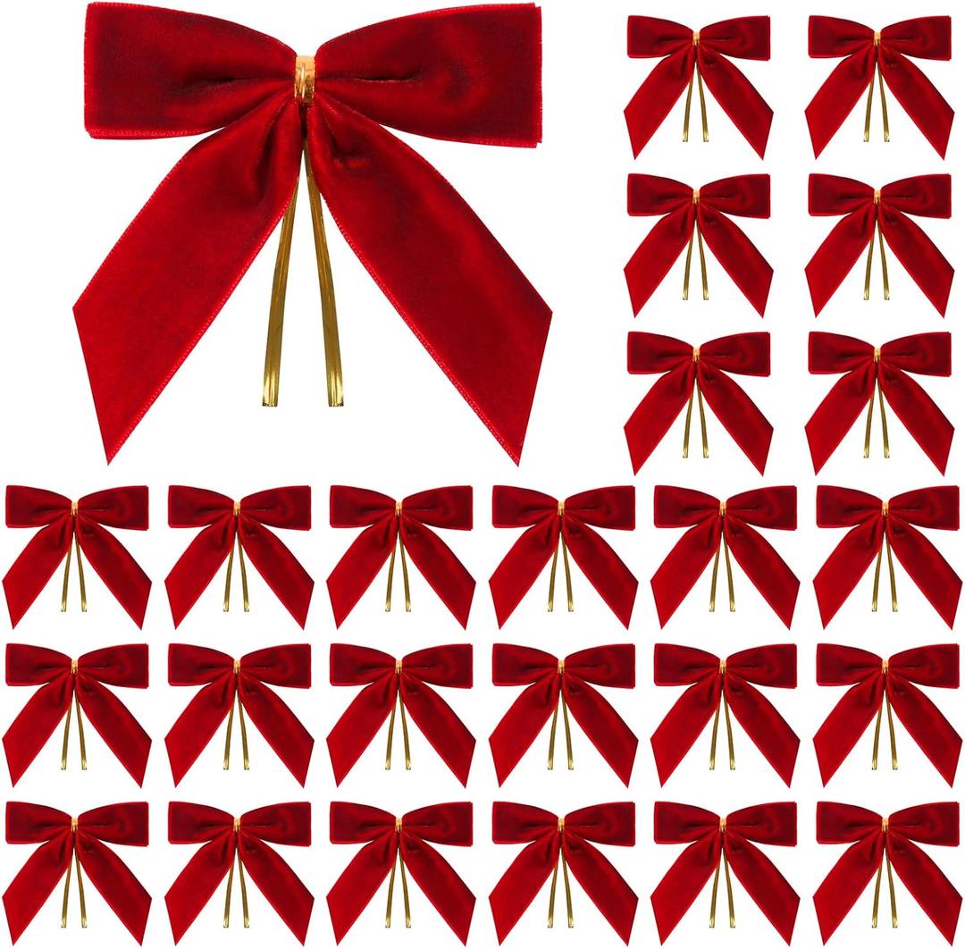 Utehilly 24 Pcs Red Small Velvet Christmas Bows for Christmas Tree, Wreath, Gift Wrapping, Crafts, Wedding, Party, Twist Tie Bows for Treat Bag Bakery Candy Bags, Home Decor 1" W,3.5 x 3.5 inch