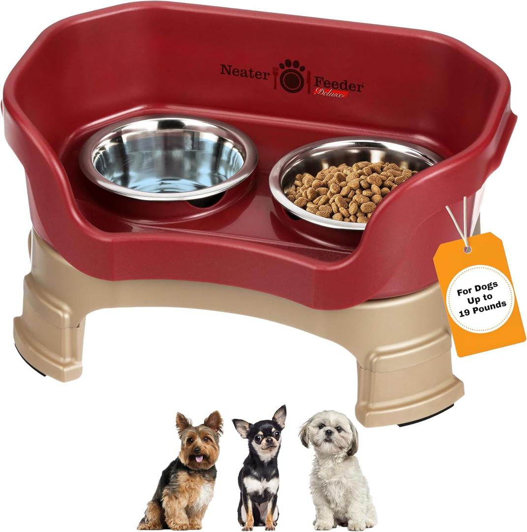 Neater Feeder Deluxe Mess Proof Dog Bowls Elevated for Small Breeds  Made in USA  No Spill Raised Dog Food Bowl Stand w/Leg Extensions  Stainless Steel Dog Food and Water Bowl Set  Red (Cranberry)