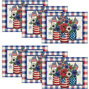 Artoid Mode Buffalo Plaid Vases Flowers 4th of July Placemats Set of 6, 12x18 Inch Seasonal Holiday Table Mats for Party Kitchen Dining Decoration