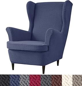 HFCNMY Wingback Chair Slipcover, 2 Piece Thick Stretch Jacquard Wing Chair Covers with Arms, Elastic Bottom - Gray (Blue)