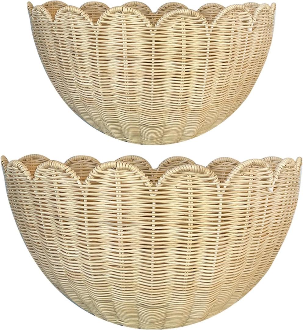 Scalloped Wall Basket，2pcs Hand Woven Hanging Wall Baskets, Wicker Wall Basket Storage，Rattan Hanging Baskets Decor for Home Bathroom Living Room Nursery-16 * 12 * 7&14 * 8 * 6in (Water Hyacinth)