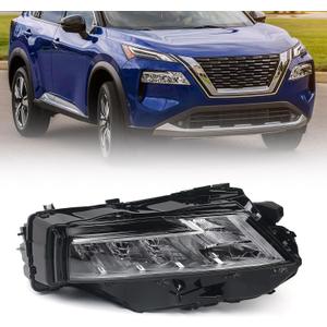 Huray LED Headlight Assembly Fit for Nissan Rogue SL/SV 2021 2022 2023 RH Projector Headlamp Replacement OE Style Right Passenger Side (Chrome Housing) (Clear)