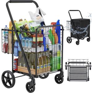 Folding Shopping Cart with Waterproof Bag, Grocery Cart with Encrypted Mesh Bottom, 23 Gal Double Basket & 360 Swivel Wheels, 260 Lbs Heavy Duty Shopping Carts for Groceries, Laundry