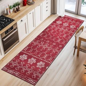 jinchan Christmas Runner Rug 3x10 Hallway Snowflake Runner Modern Kitchen Washable Non Slip Xmas Red Geometric Accent Rug Soft Thin Carpet for Bedroom Bathroom Laundry Room Living Room
