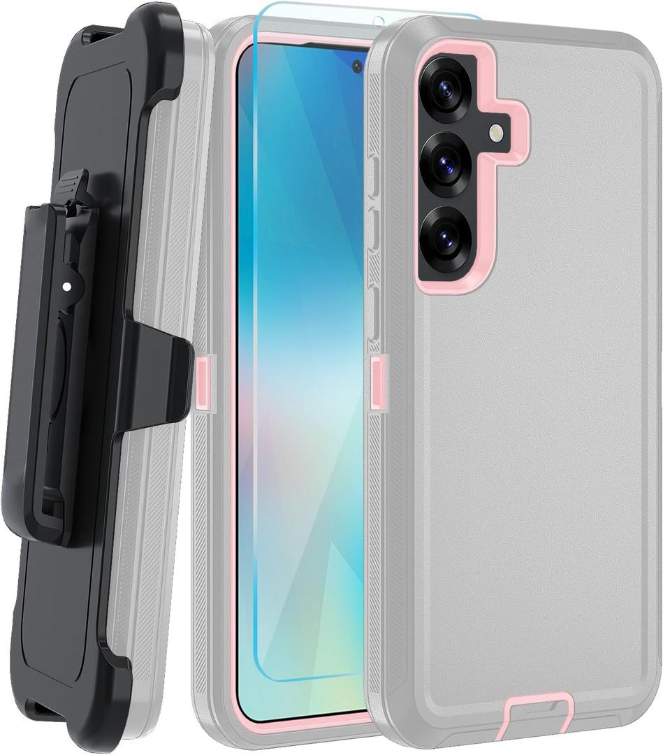 for Samsung Galaxy S25 Plus Case, with HD Tempered Glass Screen Protector, Heavy Duty Shockproof Drop Protective Rugged Tough Durable Phone Cover (with Belt Clip-Grey/Pink)