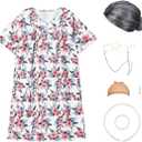Old Lady Costume Set with Old Lady Wig Granny Dress Old Lady Glasses Grandma Dress Up Outfit