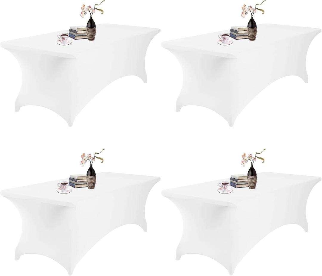 4Pack Spandex Waterproof Table Covers 8ftSpandex 8ft Waterproof Table Cover for Party,Wedding, Banquet, and Events(White) (96"x30"(Rectangular)4PACK)