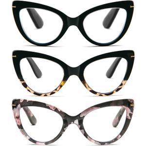 DXYXYO 3 Pack Cat Eye Reading Glasses Blue Light Blocking Women 2.75+ Vintage Oversized Fashion Readers Cute Computer Eyeglasses (Black+tortoise+pattern)