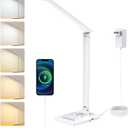 UK Plug Adapter Desk Lamp for 9 Level Brightness Touch Control & 5 Lighting Modes, 14W 900LM Dimmable Eye-Caring Reading LED Desk Light with USB Charging Port, Dimmable Home Office Desk Light