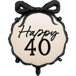 PartyDeco Happy 40th Birthday Balloon 18.5 x 17.5 Inch, 40th Birthday Decorations for Women Cream and Black Balloons with Bow Anniversary Party Decorations for Women
