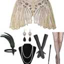 1920s Flapper Accessories Set, Roaring 20s Accessories Women Feather Headpiece Necklace Earrings Long Gloves (Apricot)