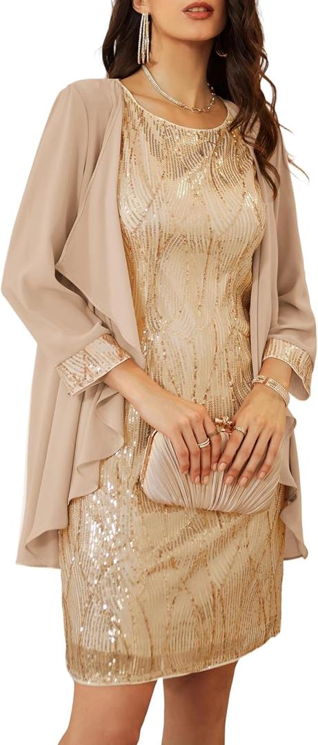 GRACE KARIN Women's Sequin Dress Wedding Guest Dresses Mother of the Bride Dresses Formal Dress Two Piece Dress Knee Length (XX-Large, Champagne Gold)