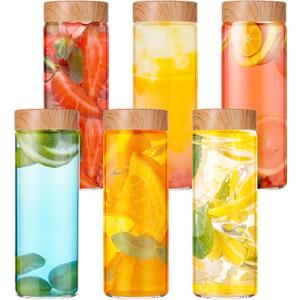 6 Pack Glass Bottles with Lids 12 oz Juicing Bottles Reusable Glass Wide Mouth Juice Bottle for Juicing Airtight Leak Proof Drinking Milk Water Bottle for Juice Tea Milk Storage