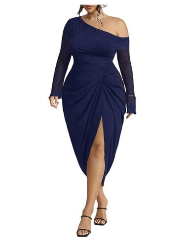 WDIRARA Women's Plus Size Off Shoulder Bodycon Dress Mesh Long Sleeve Ruched Split Midi Dresses Deep Blue XX-Large Plus