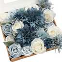 Ling's moment Fake Flowers Box, Faux Artificial Greenery Stems Foam Roses Silk Dahlia Fabic Flower for Centerpieces Bouquet Wedding Vase Floral Arrangement Decorations, Dusty Blue & Navy, Grand Combo