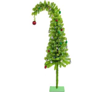 5Ft Christmas Tree, Curved Shape Bendable Artificial Xmas Tree with 50ft LED Lights & 24 Decorations Balls Xmas Holiday Decor Whimsical Design for Indoor Outdoor Home Office Street with Metal Base