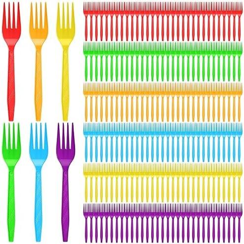 Tioncy 360 Pcs Rainbow Disposable Plastic Forks Bulk Colorful Disposable Cutlery Neon Plastic Forks for Holiday Party Picnics Restaurant Outdoor Events (Red Orange Yellow Green Blue Purple)