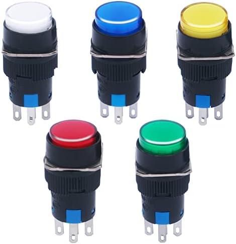 mxuteuk 5pcs 16mm DC12V Momentary LED Push Button Switch Round Cap 1 NO 1 NC SPDT ON/Off Switch with Lamp 5 Color Light CB16AY-11D-DC12V
