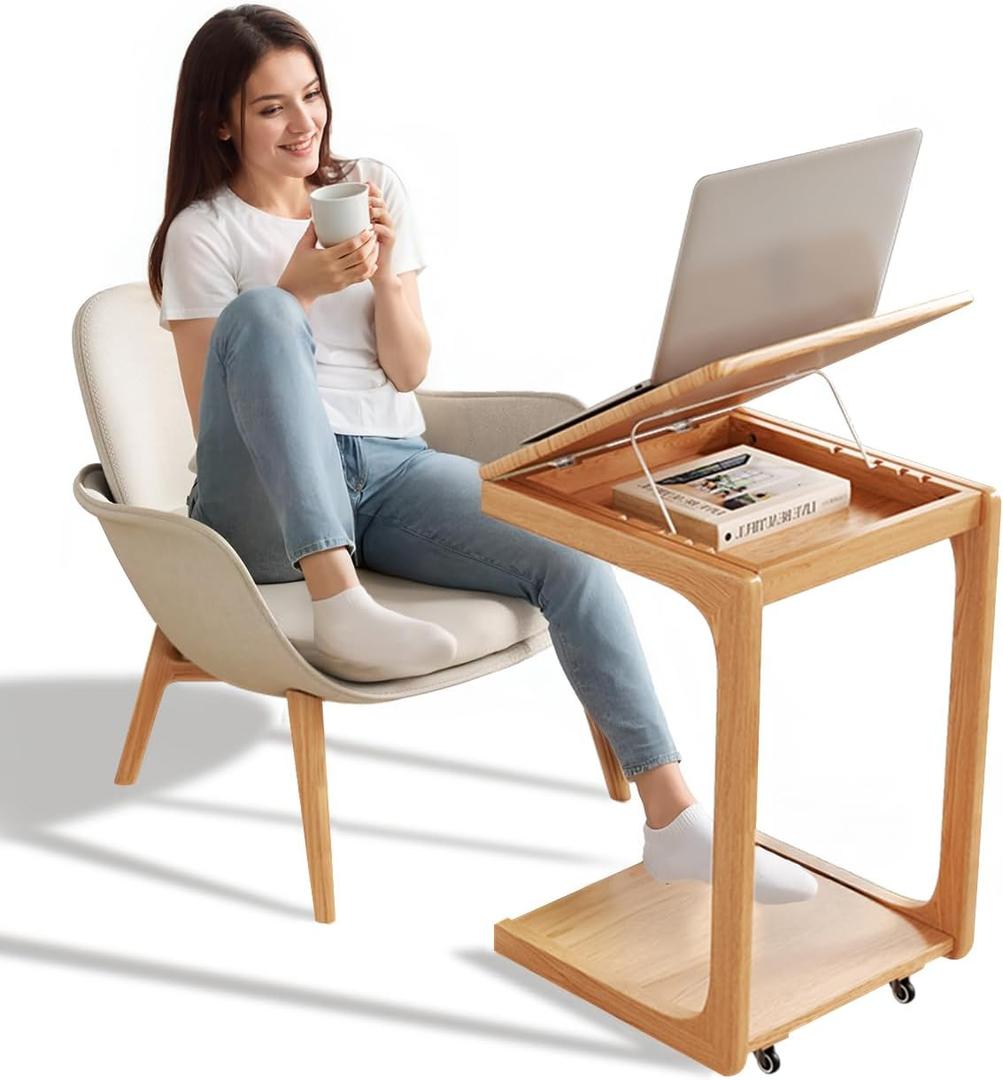 Wooden C-Shaped End Table,Couch Table with Adjustable Desktop,Small Rolling Side Table with 2 Lockable Wheels,Small End Table for Couch, Living Room,Bedroom (Natural) (15.7 inch)