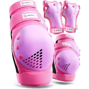 SKATEWIZ Skateboard Pads Protective Gear Set for Kids and Adults - Smash - Roller Skate Pads [6pc] with Wrist Guards - Skating Protective Gear - Roller Derby (Pink Purple)