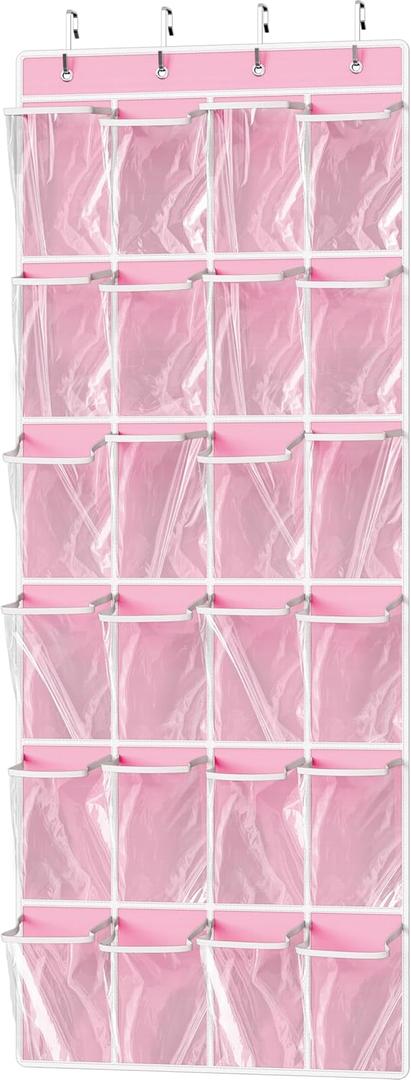 Simple Houseware 24 Pockets Large Clear Pockets Over The Door Hanging Shoe Organizer, Pink (56" x 22.5")