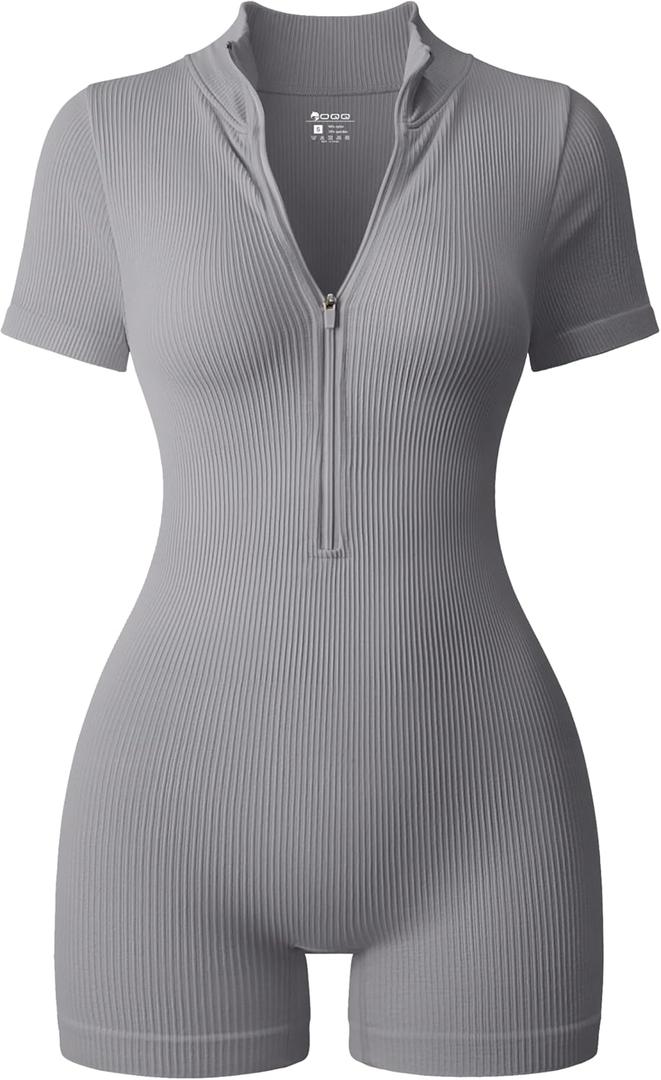 OQQ Women Rompers Ribbed Short Sleeve Zip Front Stretch Tummy Control Yoga Workout Rompers (X-Large, Smoke Grey)