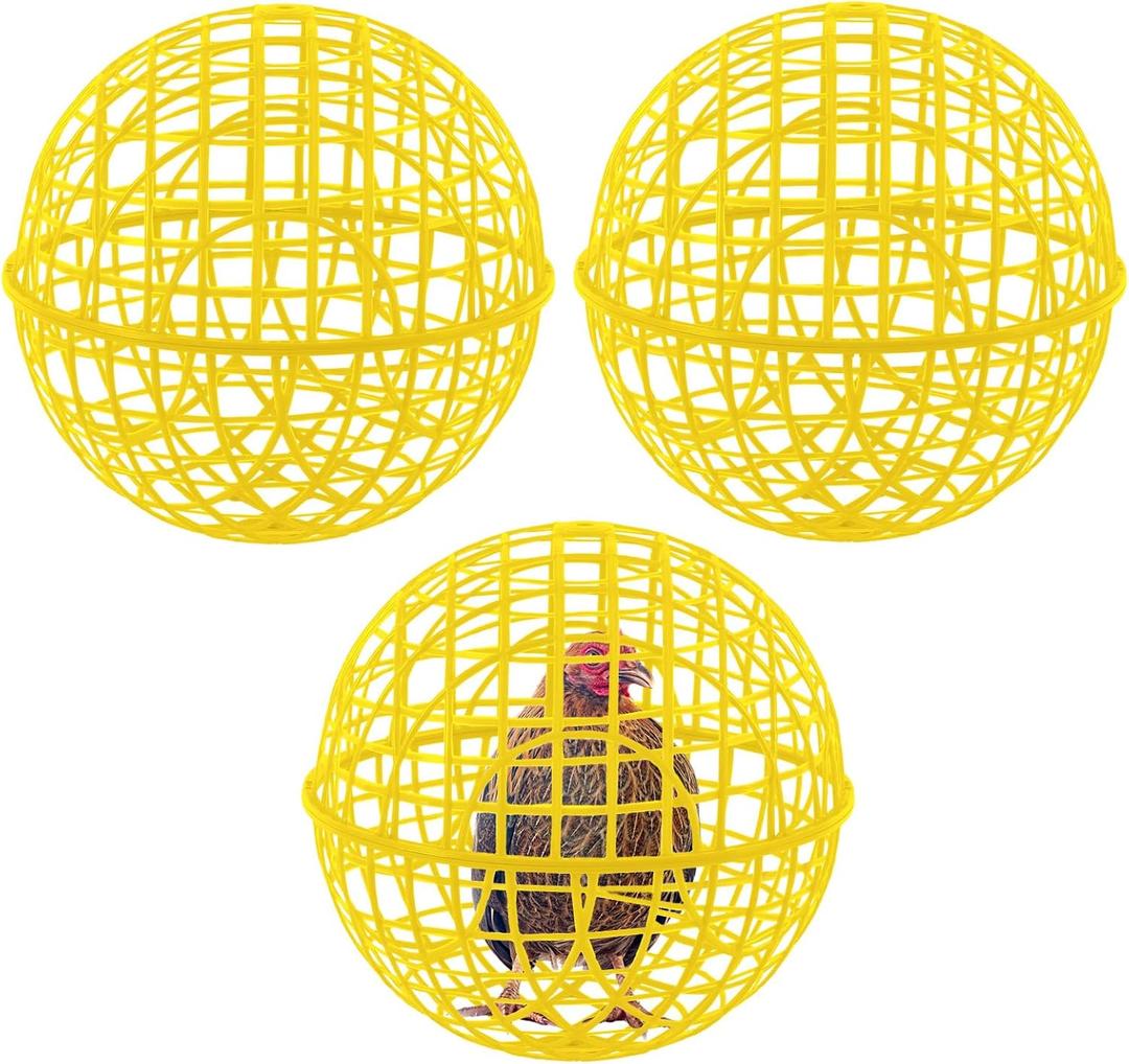 3 Pcs 15 Inch Yellow Ball Chicken Animals Cage, Plastic Rolling Orb Movable for Chickens Rabbits Birds Pigeons, Outdoor Farm Range Portable Round Coop Hutch Safety Globe Prevents Dog Bites