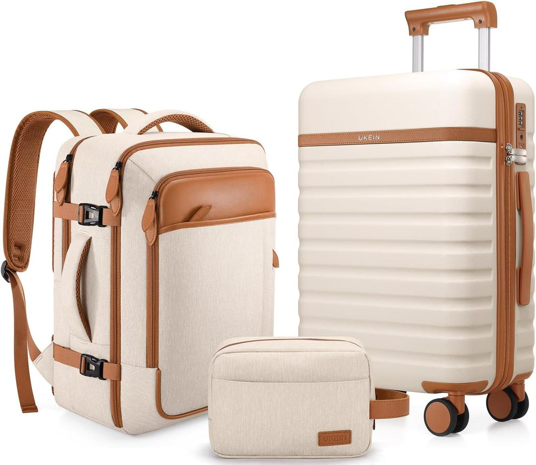 UKEIN Luggage Sets 3 Piece, PC Hardside Large Luggage 24Inch With Spinner Wheels with TSA Lock, Carry On Suitcase Set With Travel Backpack for Men (Beige, 3 piece set (24inch))