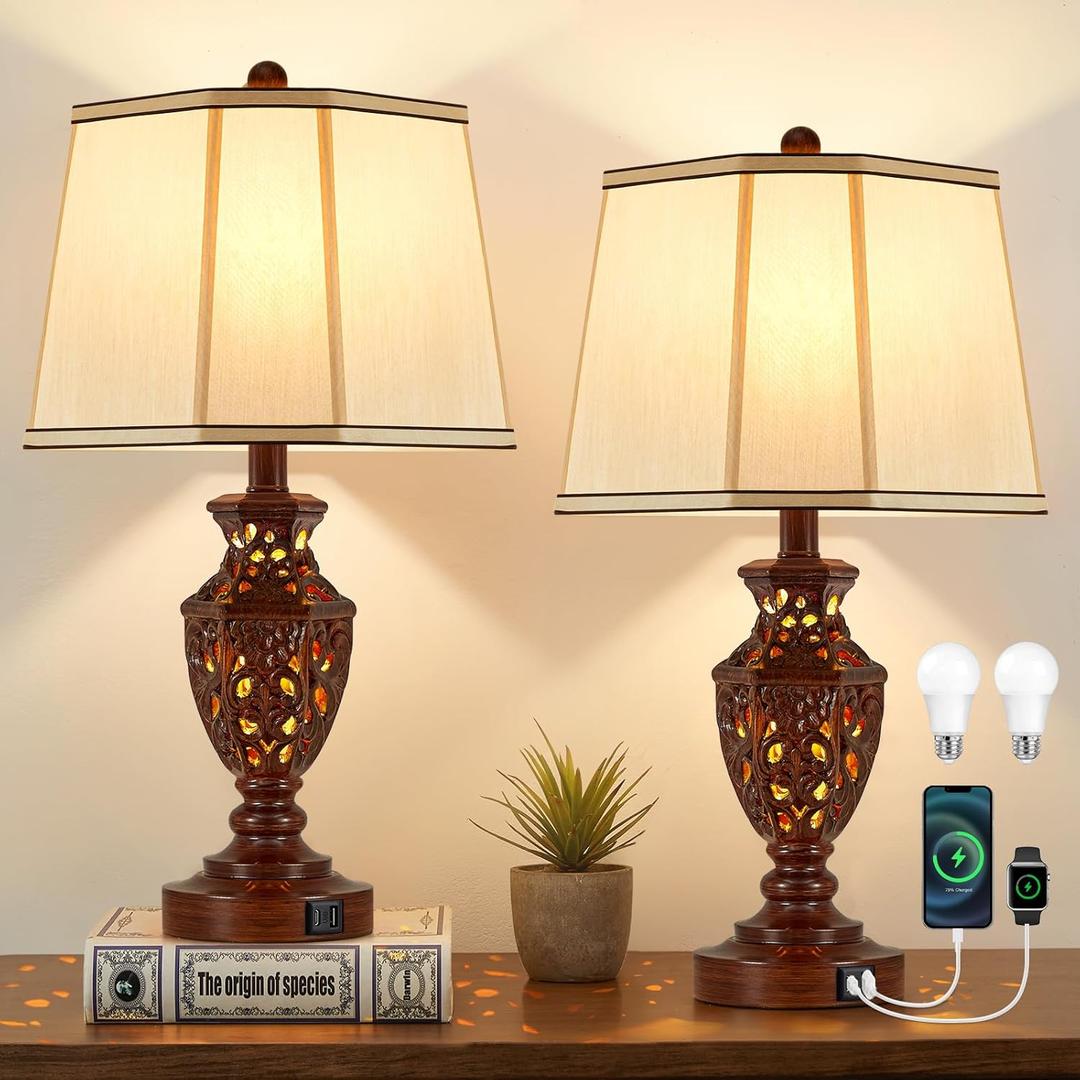 Lamps for Night Stands Set of 2-23.5" Vintage Bedside Lamp with USB A+C and Nightlight - Brown Retro Carved Resin Farmhouse Desk Lamp for Bedrooms, End Tables, Living Room, Bulbs Included