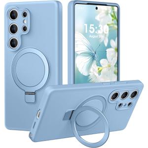 Liquid Silicone Case for Samsung Galaxy S25 Ultra with Magnetic Stand, Mil-Grade Drop Shockproof, Full Camera Protection Anti-Scratch Microfiber Lining Silicone Phone case, Light Blue