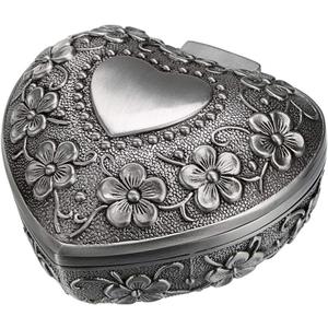 Hipiwe Vintage Heart Shape Jewelry Box - Small Antique Ring/Earrings/Necklace Storage Organizer Case, Metal Treasure Chest Trinket Keepsake Gift Box for Women And Girls