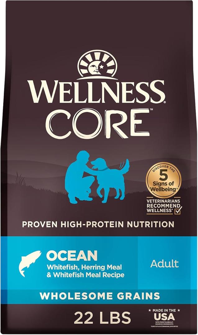 Wellness CORE Dry Dog Food, Wholesome Grains, High Protein, Natural, Ocean Whitefish & Herring Recipe (22-Pound Bag)