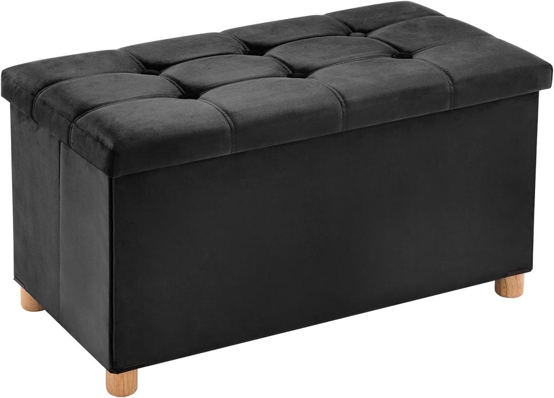 YOUDENOVA 30 Inches Folding Storage Ottoman Bench, Velvet Storage Chest, Footrest Couch with Wooden Legs, Support 350lbs for Bedroom, Living Room, Hallway, Black,Clearance, 30"D x 15"W x 16.8"H